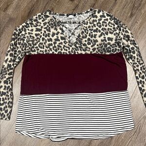 Leopard Print and Burgundy/Black Striped Women's Top Long Sleeve